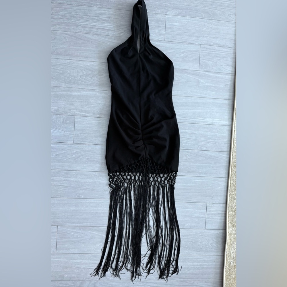 NBD Black Halter Mini Dress with Fringe